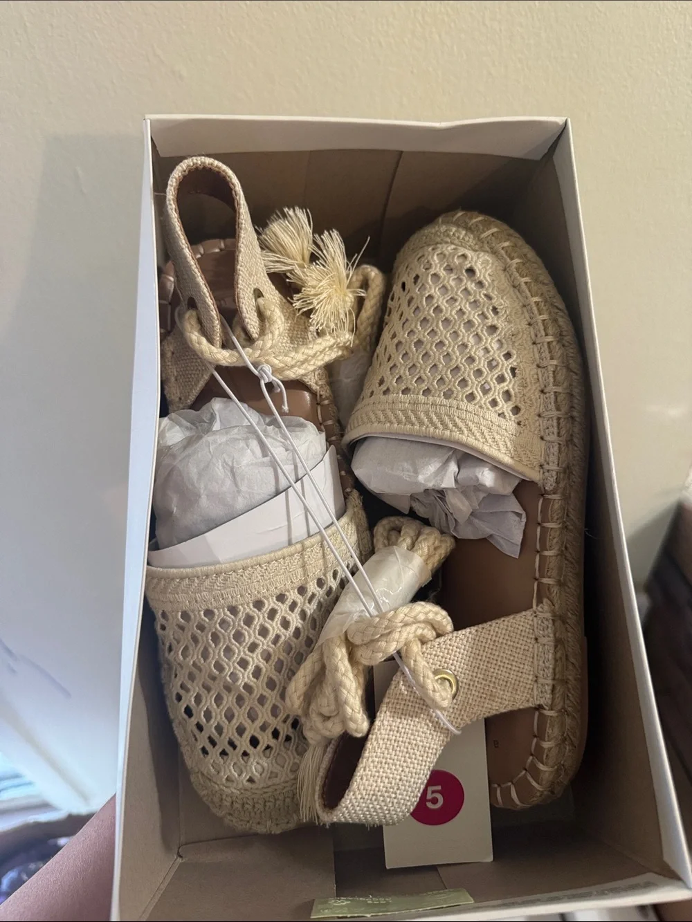 Cream Woven Espadrille Sandals with Braided Tie